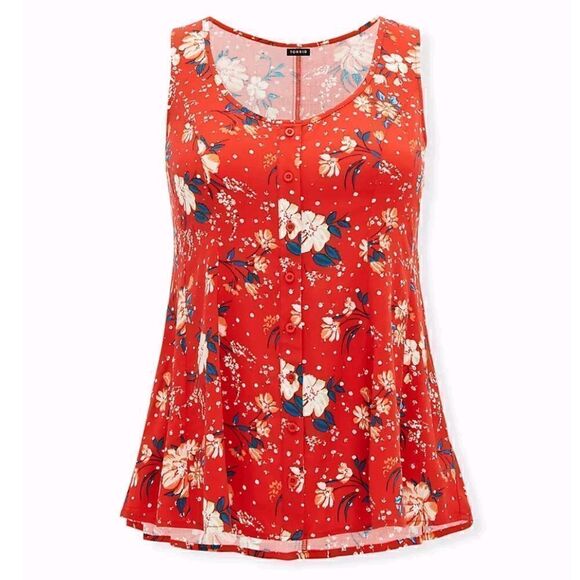 torrid Tops - Torrid Challis Button Front Fit and Flare Tank Adjustable Straps Red Floral Sz 1